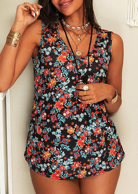 

Floral Sleeveless O-Neck Tank, Multicolor, 507409