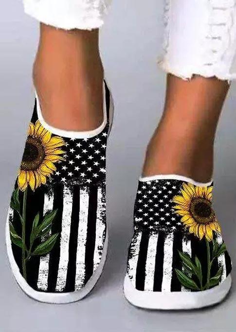 

American Flag Star Striped Sunflower Slip On Sneakers - Black, 507539