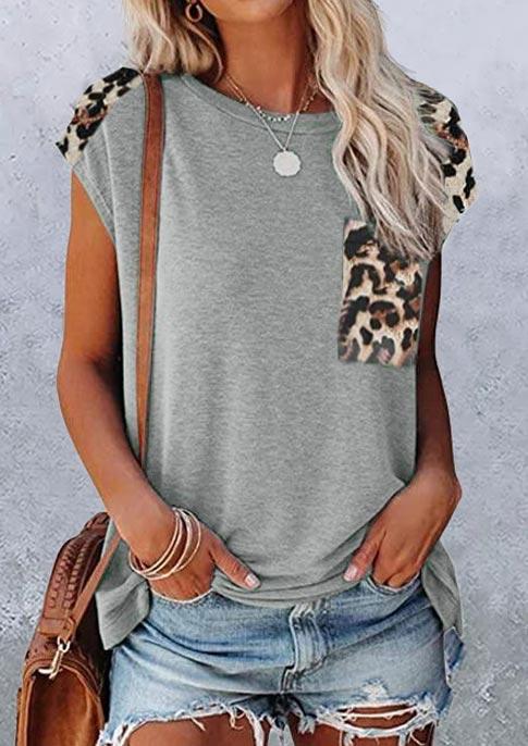 

Leopard Pocket Slit O-Neck Casual Blouse - Gray, 505419