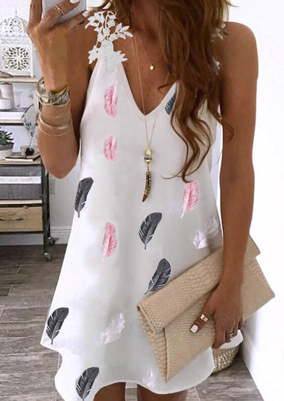 

Feather Lace Splicing V-Neck Mini Dress - White, 506360