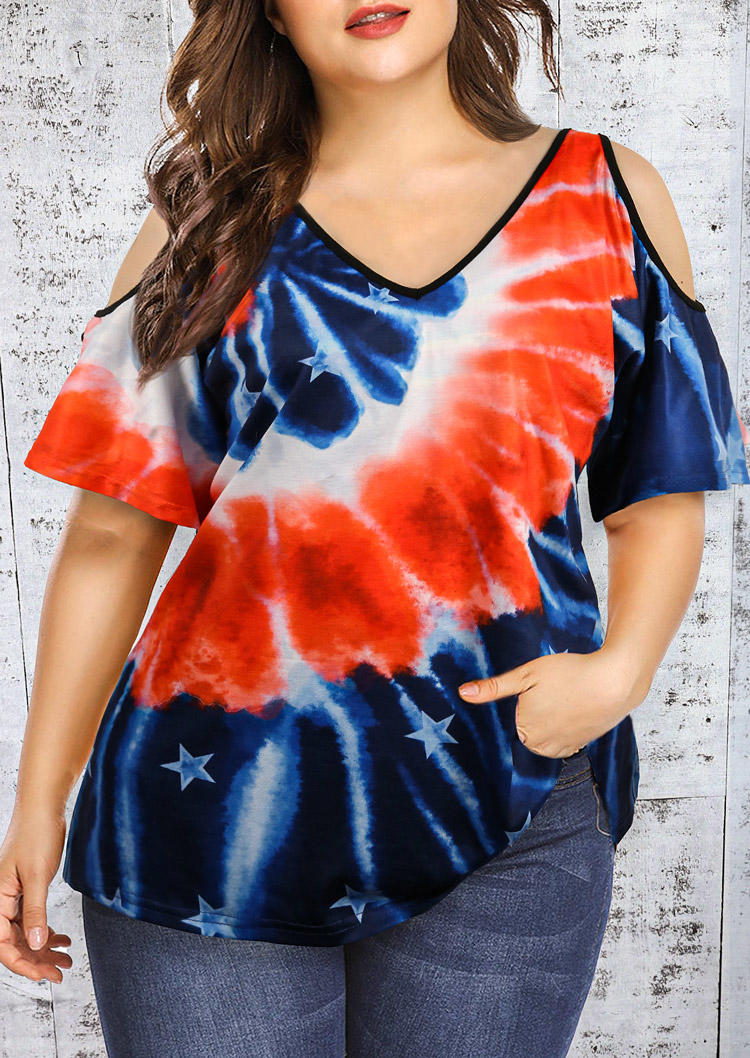 

Plus Size Tie Dye Gradient American Flag Star Cold Shoulder Blouse, Multicolor, 506451