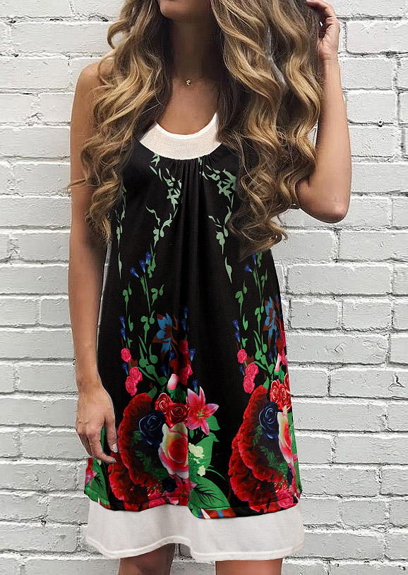

Floral Sleeveless Fake Two-Piece Mini Dress - Black, 507305