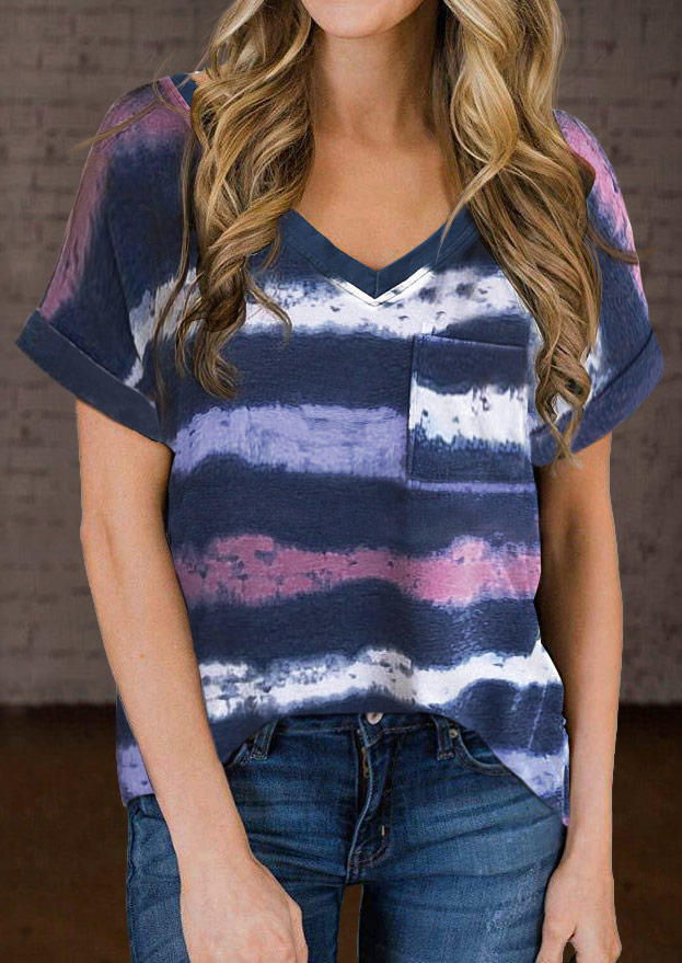 

Colorful Striped Pocket V-Neck Blouse, Multicolor, 507324