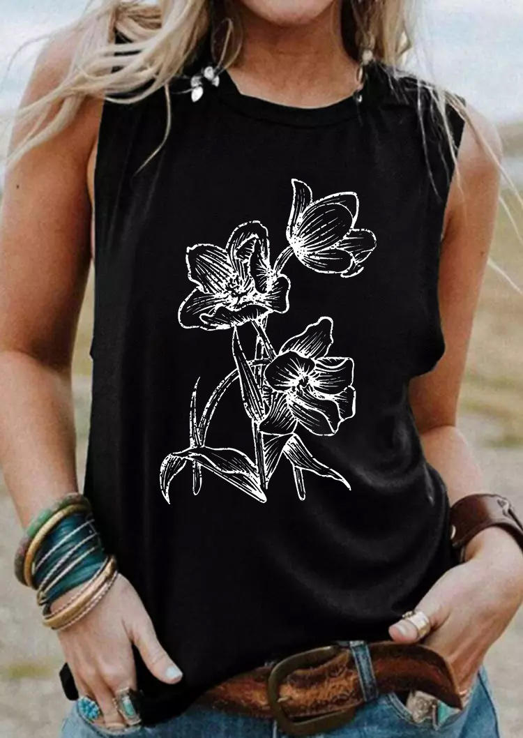 

Botanical Wildflower O-Neck Tank - Black, 507368
