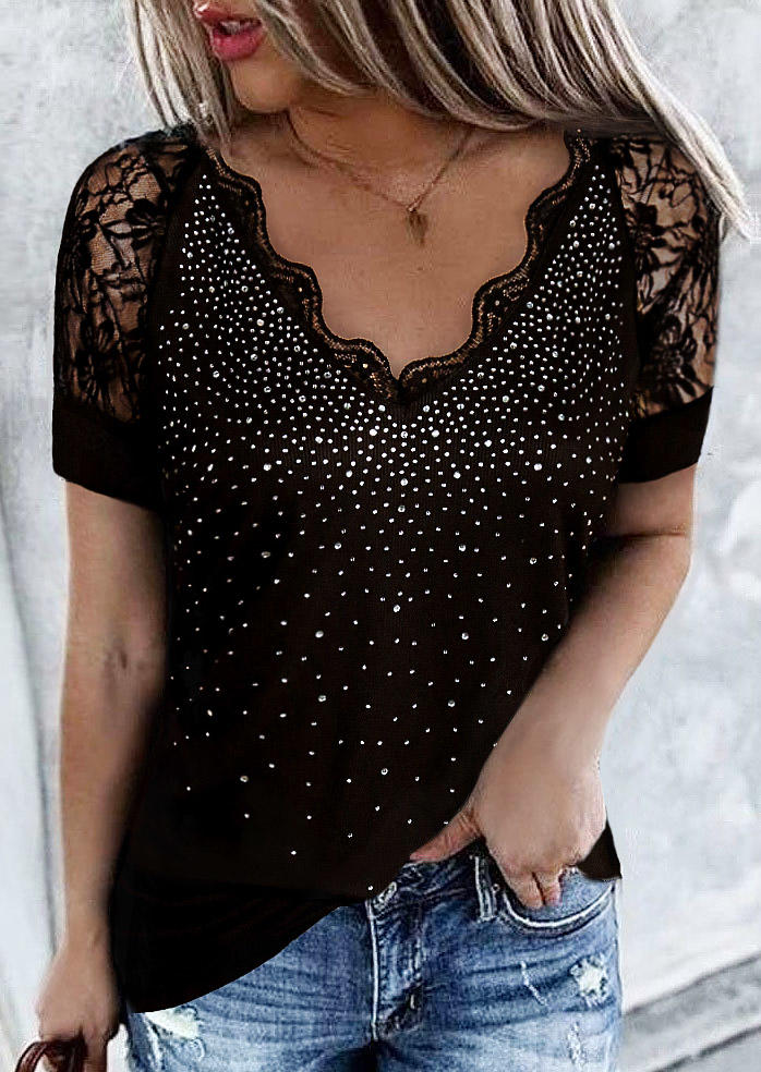 

Lace Splicing Rhinestone V-Neck Blouse - Black, 507463