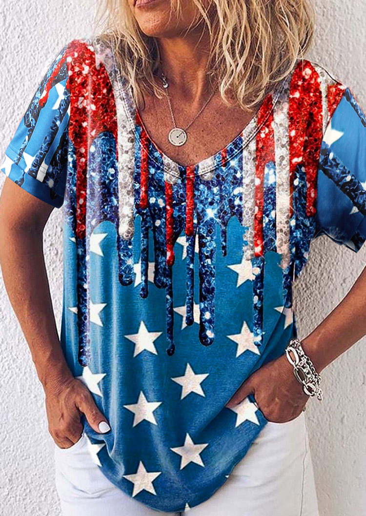 

American Flag Star Short Sleeve Casual Blouse, Multicolor, 507511
