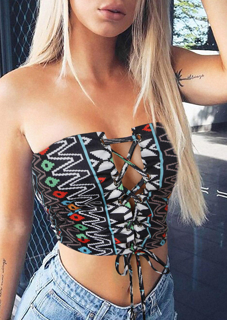 

Aztec Geometric Reversible Lace Up Halter Crop Top, Multi, 507543