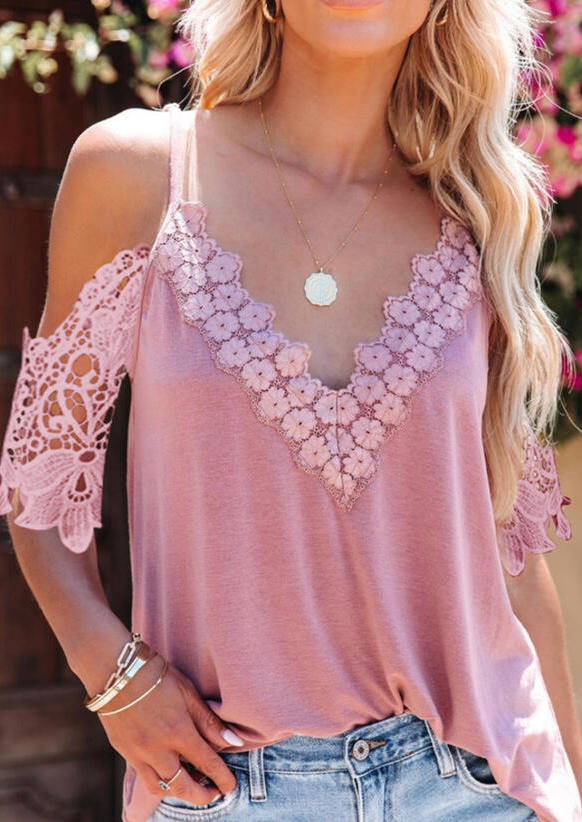 

Floral Lace Splicing Spaghetti Strap Blouse - Cameo Brown, 507553