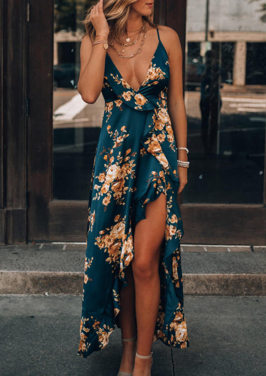 

Floral Adjustable Strap Open Back Asymmetric Maxi Dress, Navy blue, 507580