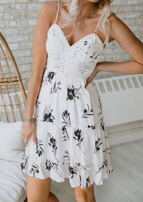 

Floral Lace Splicing Ruffled Spaghetti Strap Mini Dress - White, 507592