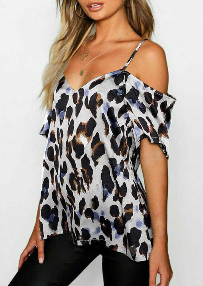 

Leopard Cold Shoulder Spaghetti Strap Blouse, 507601