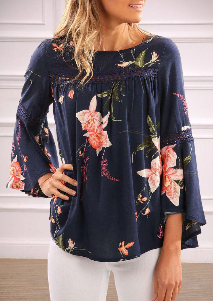 

Lace Floral Flare Sleeve O-Neck Blouse, Multicolor, 507611
