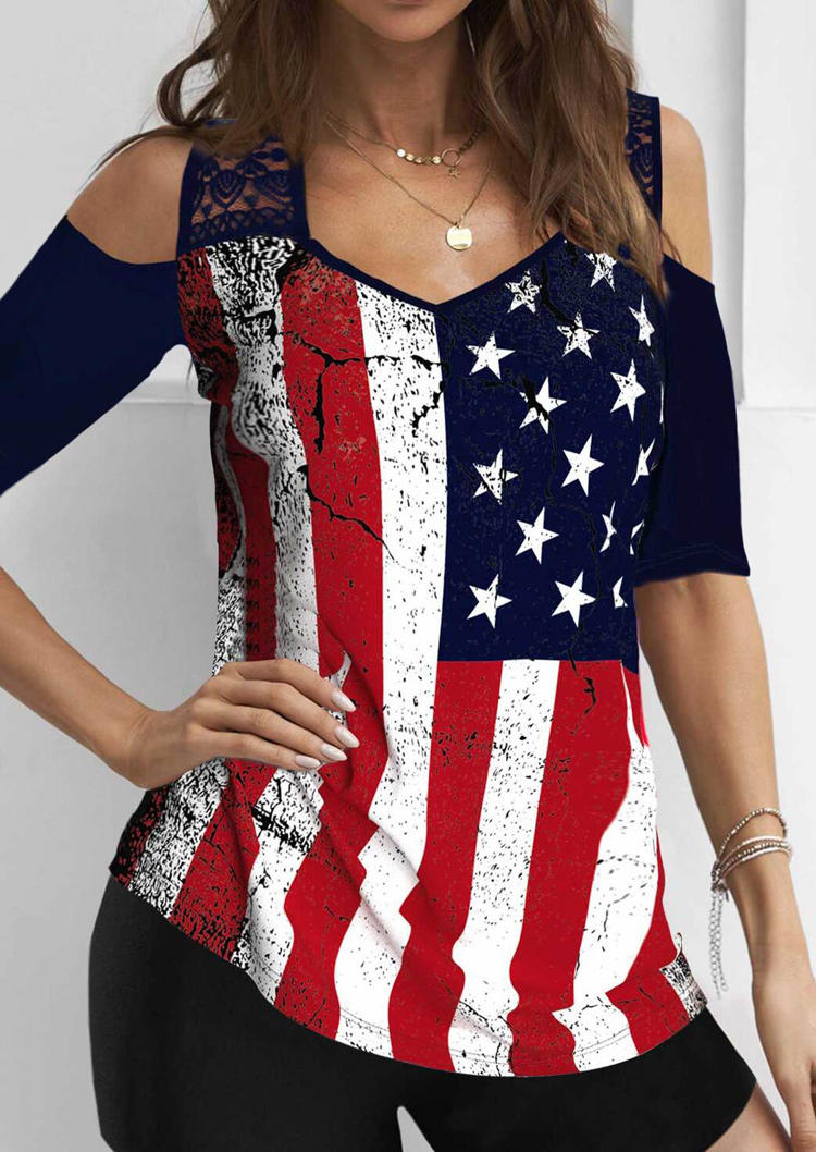 

American Flag Star Striped Lace Cold Shoulder Blouse, Multicolor, 507634