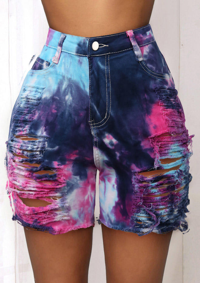 

Tie Dye Pocket Button Ripped Hole Denim Shorts, Multicolor, 504705
