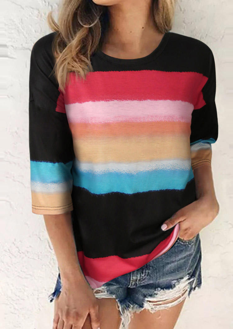 

Gradient Rainbow Striped O-Neck Blouse, Multicolor, 505208
