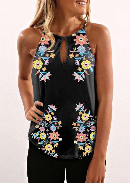 

Floral Hollow Out Keyhole Neck Camisole - Black, 505903