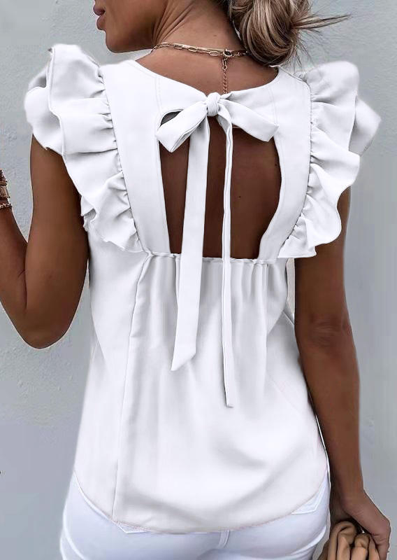 

Ruffled Tie Hollow Out Blouse - White, 506752