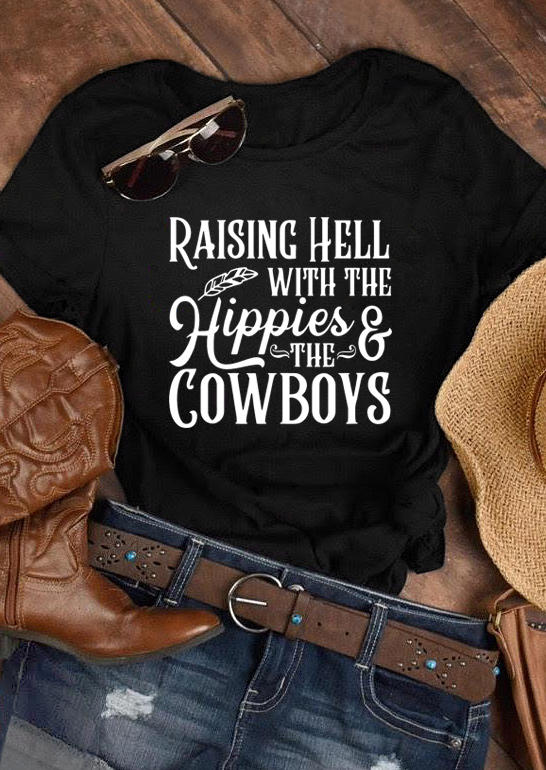 

Raising Hell With The Hippies And The Cowboys T-Shirt Tee - Black, 507193