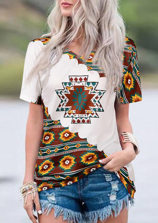 

Aztec Geometric V-Neck Blouse, Multicolor, 507306