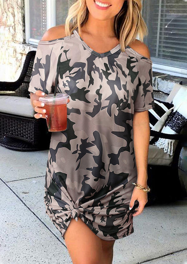

Camouflage Cold Shoulder V-Neck Mini Dress, 507416