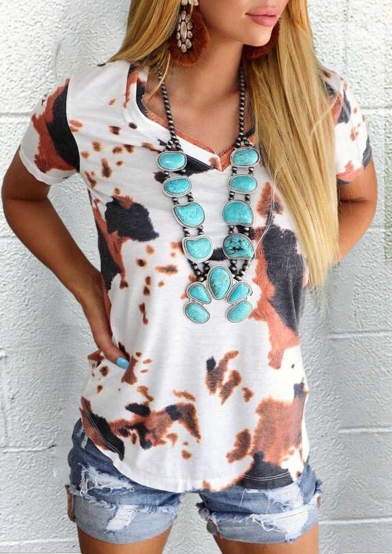 

Cow Short Sleeve V-Neck Blouse, Multicolor, 507541