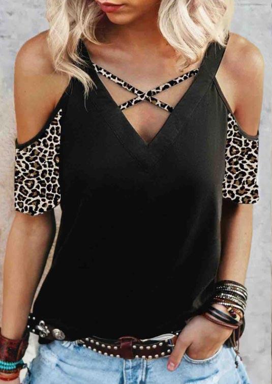 

Leopard Criss-Cross Cold Shoulder Blouse - Black, 507575