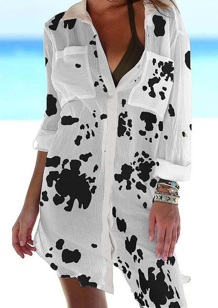 

Cow Button Pocket Turn-down Collar Mini Dress, White, 507576