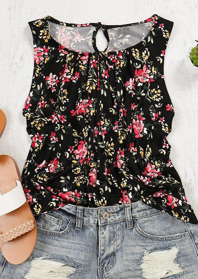 

Floral Ruffled Cut Out Tank - Black, 507593