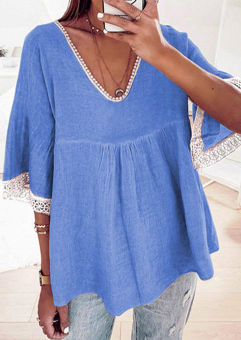 

Lace Splicing Ruffled Flare Sleeve Blouse - Blue, 507604