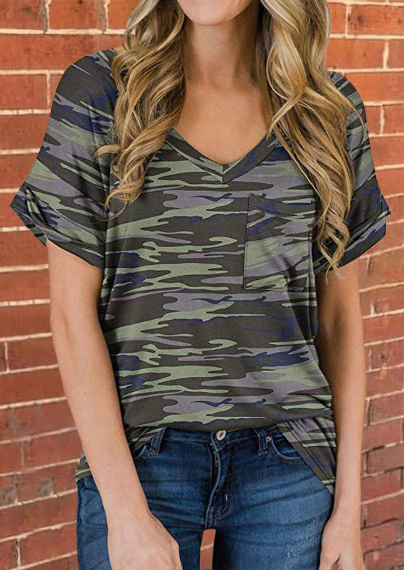 

Camouflage Pocket V-Neck Blouse, 507630