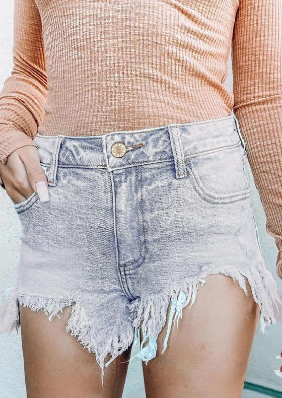

Frayed Hem Distressed Denim Shorts - Light Blue, 507641