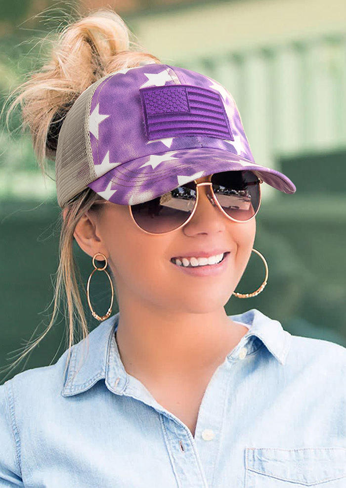 

American Flag Star Striped Mesh Splicing Criss-Cross Baseball Cap, Purple, 507783