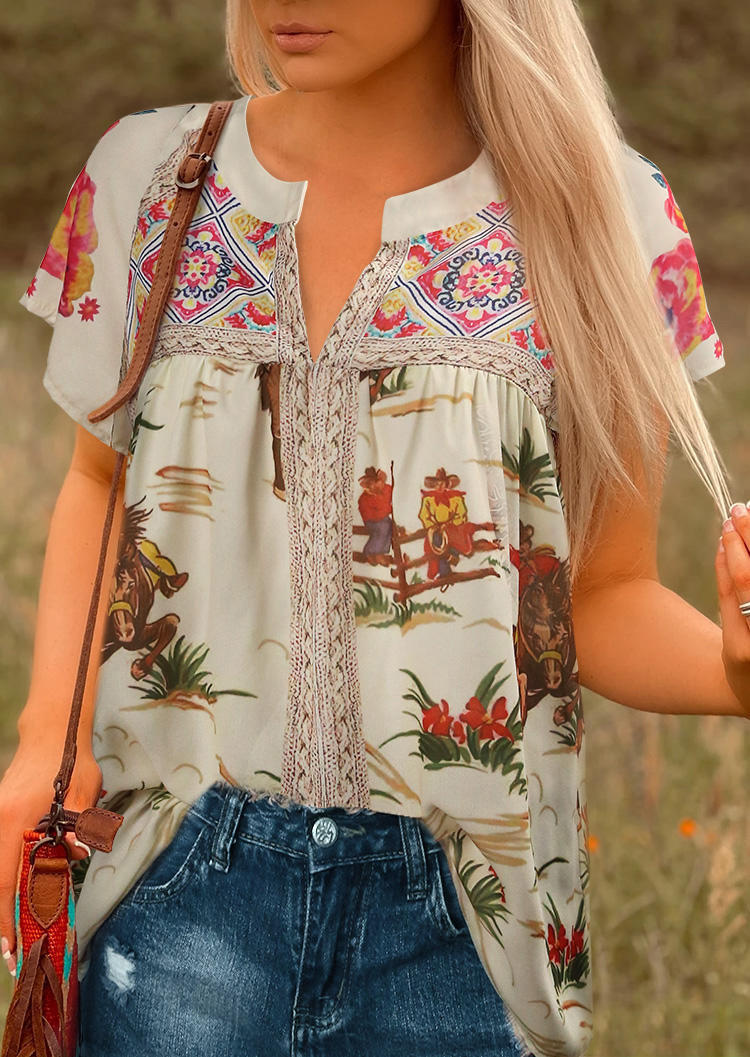 

Floral Cowboy Raglan Sleeve V-Neck Blouse, Multicolor, 505056