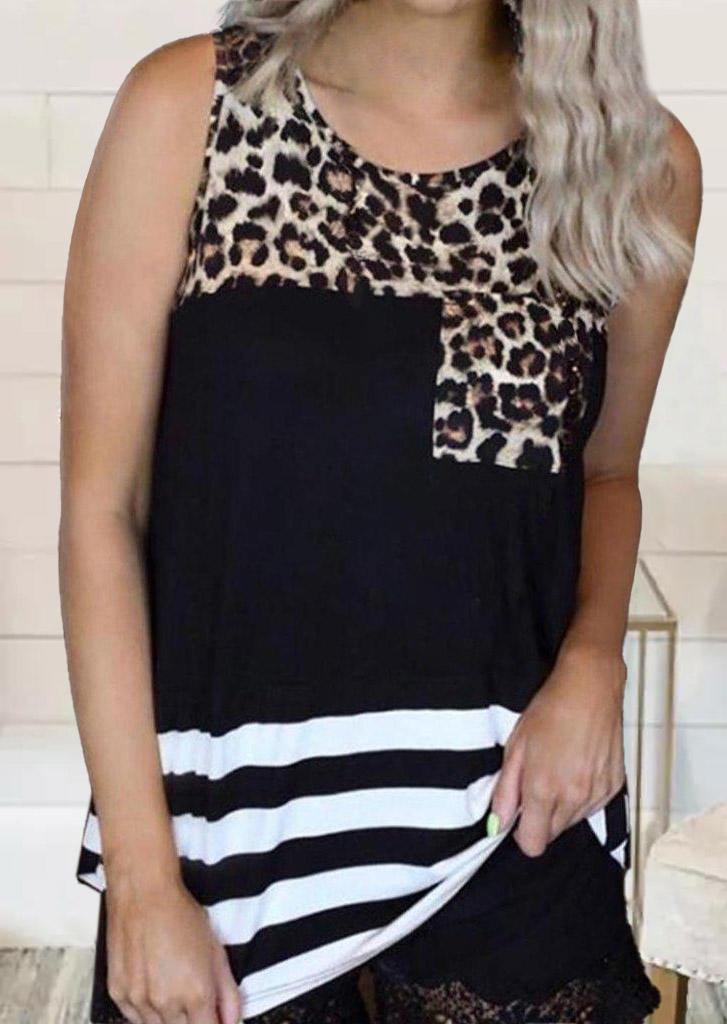 

Leopard Striped Lace Splicing Pocket Tank, Multicolor, 507262