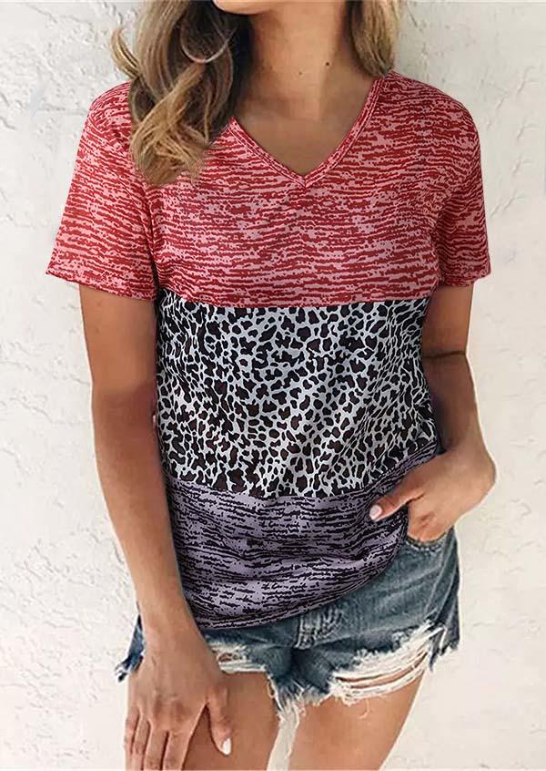 

Leopard Color Block V-Neck Blouse, Multicolor, 507441