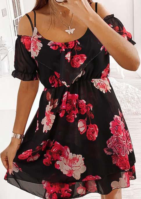 

Floral Spaghetti Strap Cold Shoulder Mini Dress - Black, 507474