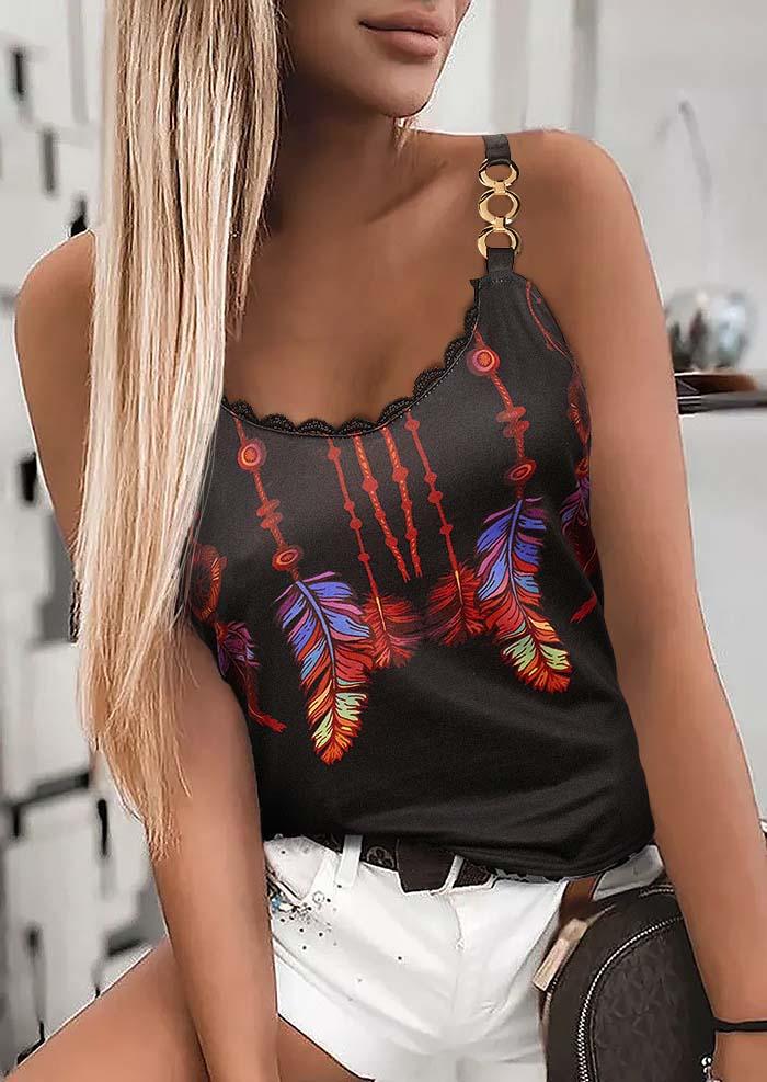 

Lace Splicing Feather Spaghetti Strap Camisole - Black, 507610