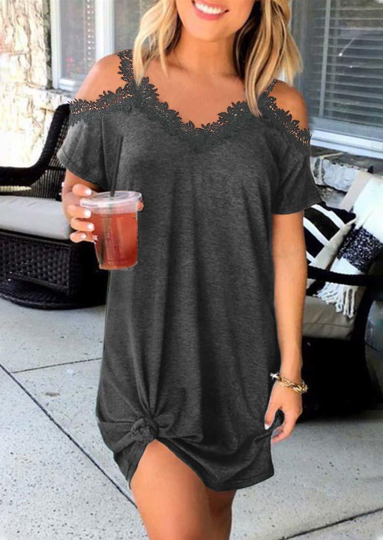 

Lace Splicing Cold Shoulder V-Neck Mini Dress - Gray, 507627