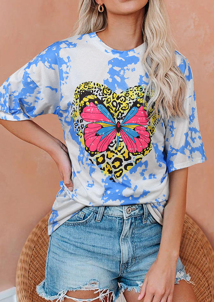 

Tie Dye Leopard Heart Butterfly T-Shirt Tee - Blue, 507628