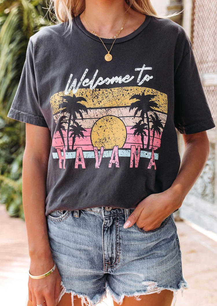 

Welcome To Havana Palm Tree T-Shirt Tee - Gray, 507643