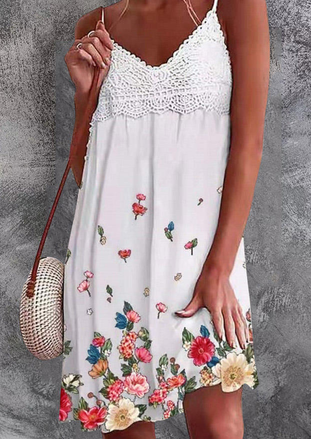 

Floral Lace Splicing Spaghetti Strap Mini Dress - White, 507648