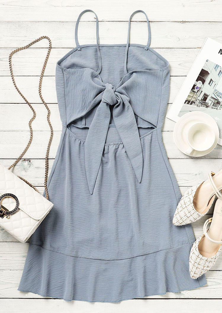 Ruffled Tie Open Back Spaghetti Strap Mini Dress - Gray