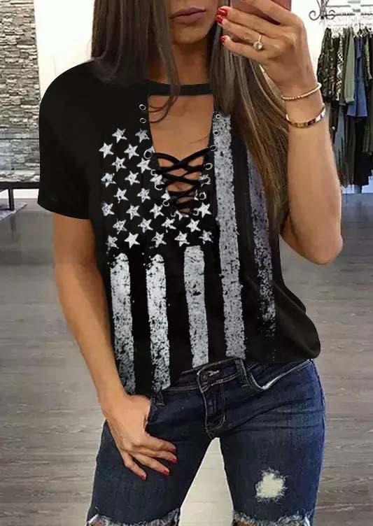 

American Flag Criss-Cross Keyhole Neck Blouse - Black, 507757