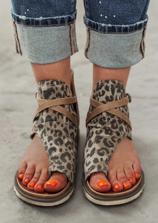 

Leopard Zipper Buckle Strap Toe Ring Flat Sandals, 507759