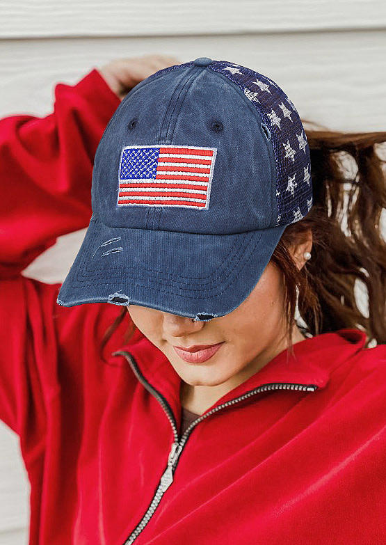 

American Flag Star Mesh Splicing Distressed Baseball Cap, Navy blue, 507762