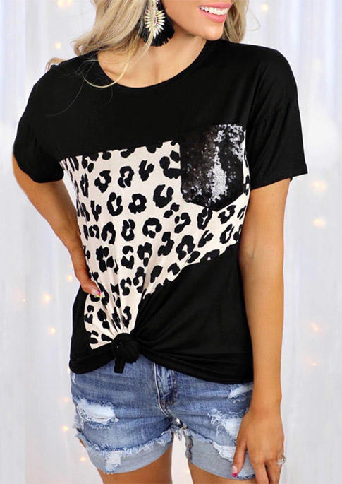 

Leopard Pocket O-Neck Blouse - Black, 507805