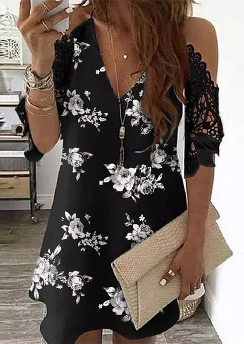 

Floral Hollow Out Lace Splicing Cold Shoulder Mini Dress - Black, 507826