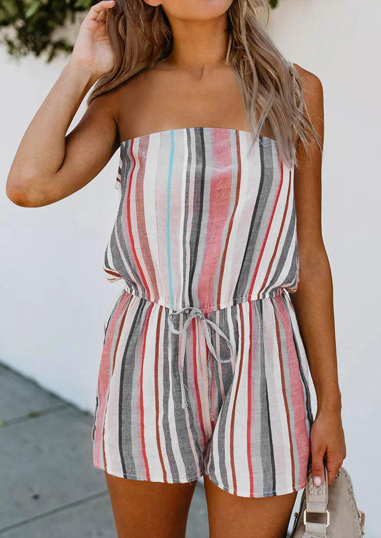 

Striped Tie Strapless Elastic Waist Romper, Multicolor, 507828