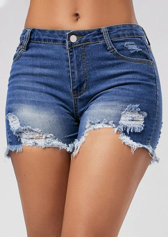 

Ripped Hole Frayed Hem Distressed Denim Shorts - Blue, 507834