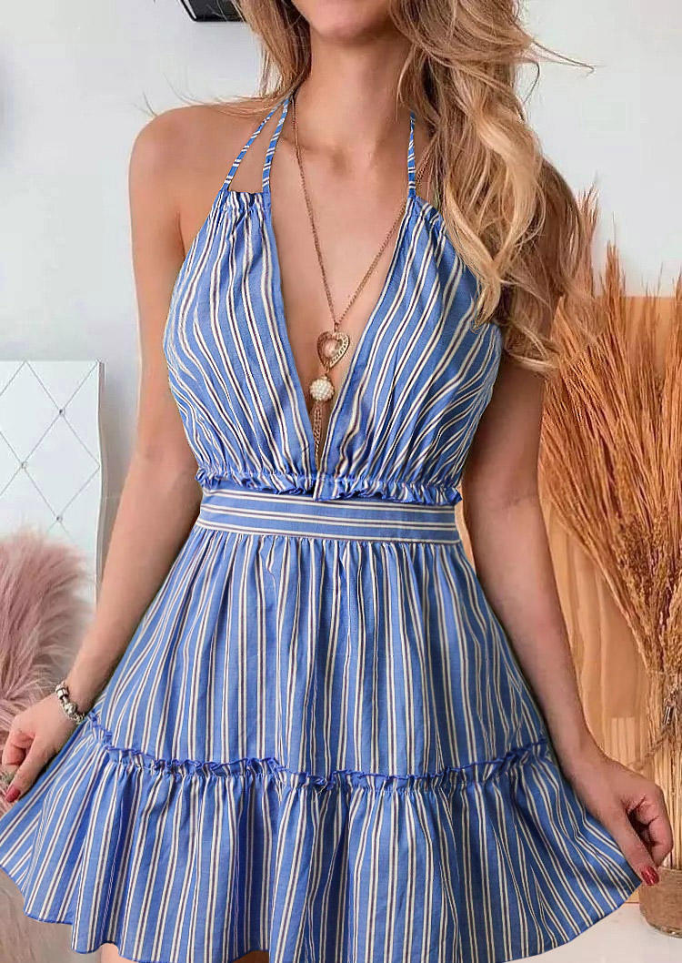 

Striped Ruffled Open Back Tie Mini Dress - Blue, 503775